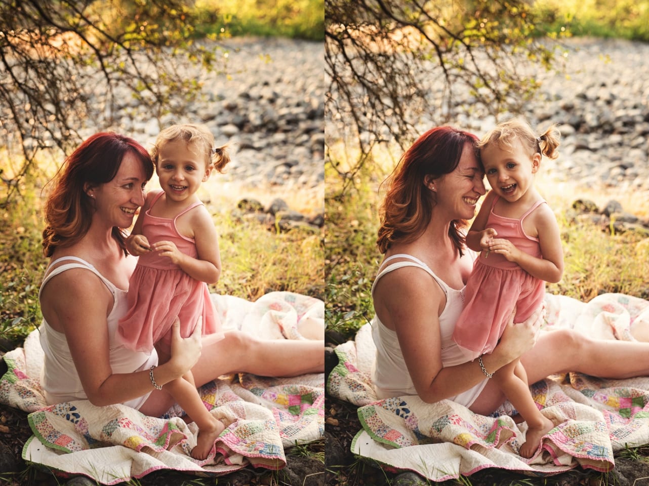 Mother-and-daughter-sitting-by-lake-for-portraits-in-sacramento-ca